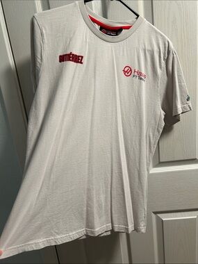 Men’s White Crewneck Logo Tee with Red Accents